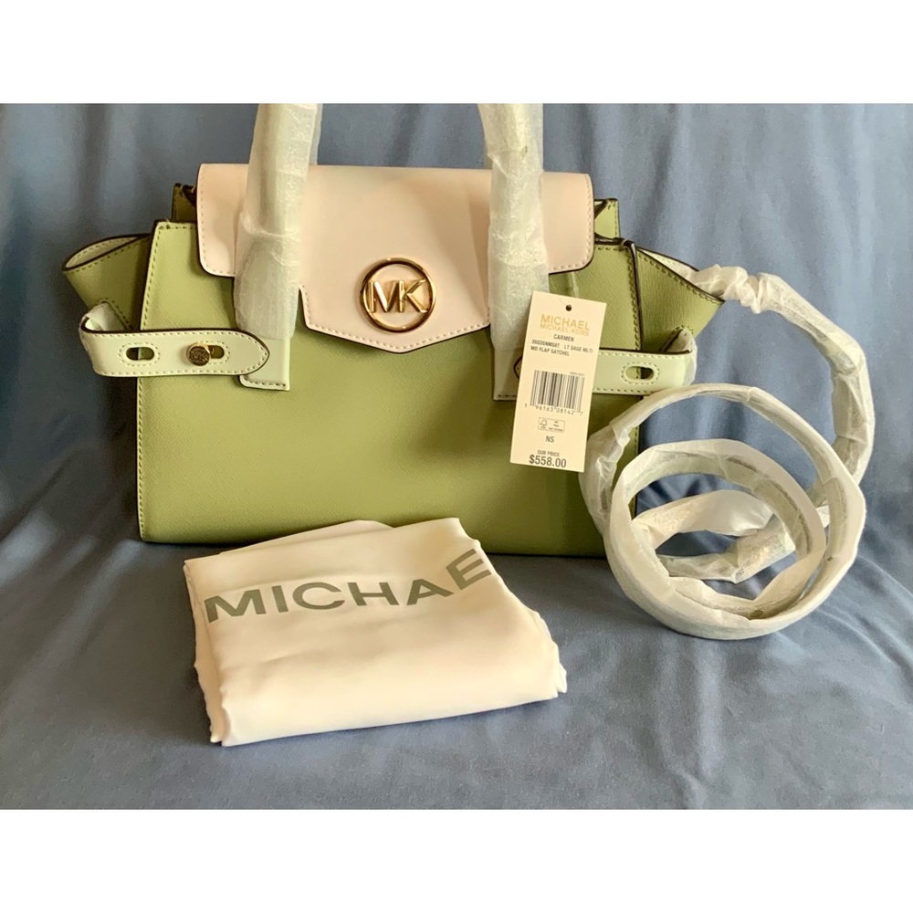 Michael Kors Carmen medium satchel purse color block sage green